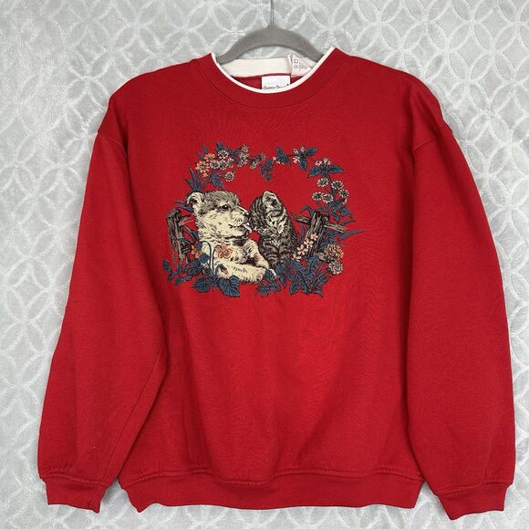 Vtg 90s Puppy Kitten Crewneck Sweatshirt Womens Small Red Dog Cat Granny Novelty - Picture 1 of 11